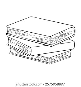 Stack of Books painted by black inks in outline style. Hand drawn vector illustration Drawing of school Textbook and Notebook. Pile vintage spell books and fairytale Etching of paper diary