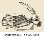 Stack of books, paper, pencil, scroll, quill pen and ink. Diploma, certificate, school, study, writing, literature, library design in vintage style