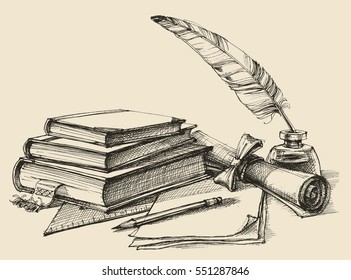 Stack of books, paper, pencil, scroll, quill pen and ink. Diploma, certificate, school, study, writing, literature, library design in vintage style