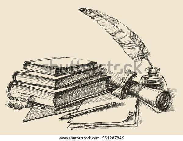Stack of books, paper, pencil, scroll,\
quill pen and ink. Diploma, certificate, school, study, writing,\
literature, library design in vintage\
style