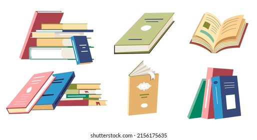 Stack of books and papers, documents and diaries, folders and reports. Office and school supplies for studying and learning. Library literature or bookcase content, workplace. Vector in flat style 