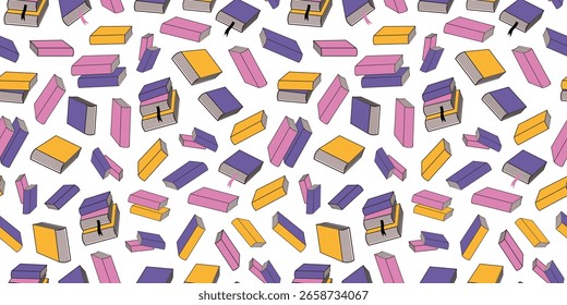 Stack of books, pattern. Multicolored books. Love of reading, literature, studying. School textbooks. Repeating seamless background.