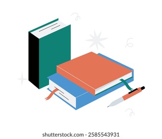 Stack Of Books With A Pen In Flat Vector Illustration Symbolizing Education, Reading, And Learning, Isolated On White Background