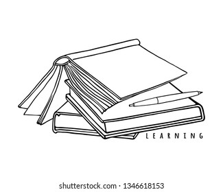 A stack of books and a pen.  Linear illustration. Vector graphics.