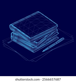 Stack of books with a pen on top. The books are blue and the pen