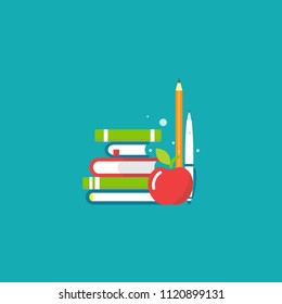 Stack of books, pen, pencil  and apple on blue background. Vector flat illustration. reading and learning power logo. Imagination and inspiration. back to school. Knowledge day