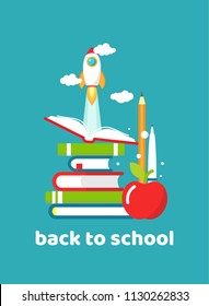 Stack of books, pen, pencil  and apple on blue background. Vector flat illustration. reading and learning power logo. Imagination and inspiration. back to school. Knowledge day