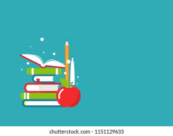 Stack of books, pen, pencil  and apple on blue wide background. Vector flat horizontal illustration. reading and learning power logo. Imagination and inspiration. back to school. Knowledge day
