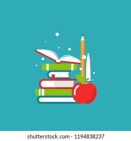 Stack of books, pen, pencil  and apple on blue background. Vector flat horizontal illustration. reading and learning power logo. Imagination and inspiration. back to school. Knowledge day