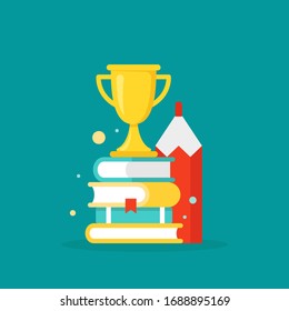 stack of books, pencil and gold trophy or winning cup.  Isolated on powder blue background. Flat reading icon. Vector illustration. Education logo. Knowledge pictogram. Distant learning