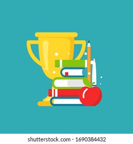 un montón de libros, un lápiz y un trofeo de oro o una copa ganadora. Aislado sobre fondo azul polvo. Icono de lectura plana. Ilustración vectorial. Logo educativo. Pictograma de conocimiento. Aprendizaje a distancia