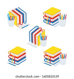 Stack of books with pencil icon set. Educational and graduation concept Vector collection in flat design