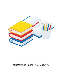 Stack of books with pencil, ruler on the open book. Education icon and symbol, Designed with flat design and black outline.