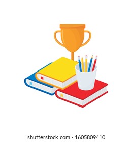 Stack of books with pencil and Trophy. Education icon and symbol, Designed with flat cartoon design
