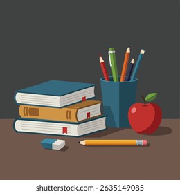 A stack of books, pencils in a cup, an apple, and a pencil with eraser sit on a table.