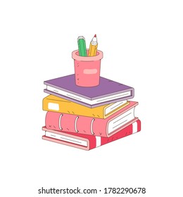 Pila de libros y lápices de fondo blanco. Pila de libros ilustraciones vectoriales estilo de dibujos animados
