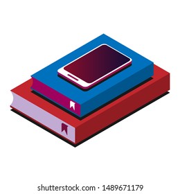 A stack of books and a phone lying on top in isometric view. Suitable for education and libraries. Schoolbook textbooks and smartphone. White background