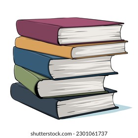 Bücherstapel. Haufen geschlossener Lehrbücher in Farbabdeckung. Universitäts-, Universitäts- oder Schulbuch. Vektorgrafik einzeln auf weißem Hintergrund. farbiges realistisches Bildsymbol. Schamhaufen.