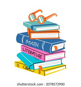 Stack of books. Pile of school textbooks. Hand drawn illustrations in cartoon style. Decorative graphic element. Education concept. Vector on white background