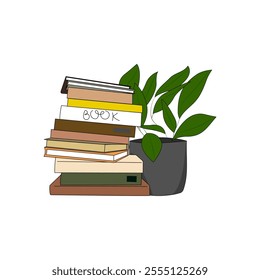 A stack of books and plant. A cozy stack of knowledge and growth. Vector illustration.