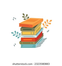 Stack of books with plants. Pile of books vector illustration. Icon stack of books in flat style. Back to school concept. Library, school design element