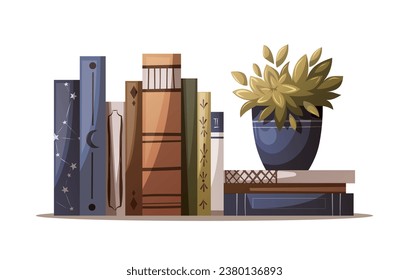 Stack of books and potted plant. Bookstore, bookshop, book lover, reading, interior concept. Isolated Isolated Vector illustration.