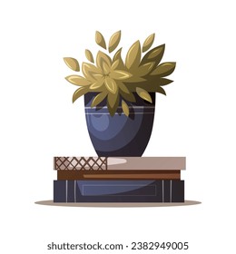 Stack of books and potted plant. Bookstore, bookshop, book lover, reading, interior concept. Isolated Isolated Vector illustration.