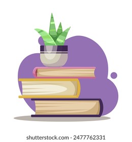 A stack of books with a potted plant on top, with a purple splash background. Vector illustration