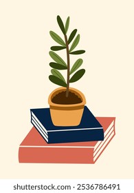 A stack of books with a potted plant on top. Home atmosphere, books, plants. Vector illustration