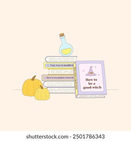 stack of books with pumpkins and potion, vector illustration