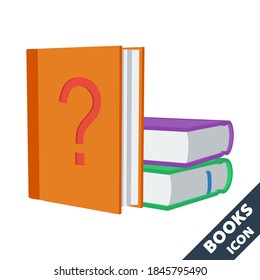 Stack of books and a question mark icon. 3D vector illustration in flat style isolated on white background. Icon for the Help, About, Info, Data menu or others.