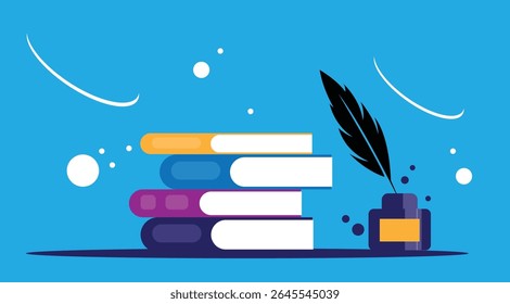 Pilha de Livros com Quill e Ink Novel Writing Tools. Arte e cultura, arte vetorial da literatura