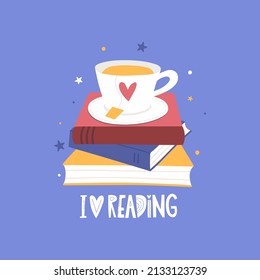 A stack of books to read and cup of tea.  Vector cartoon illustration.