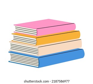 Stack of books to read. Multicolored set of literature, textbooks, notebooks, planners. Books stacked on top of each other. Flat vector illustration isolated on white background.