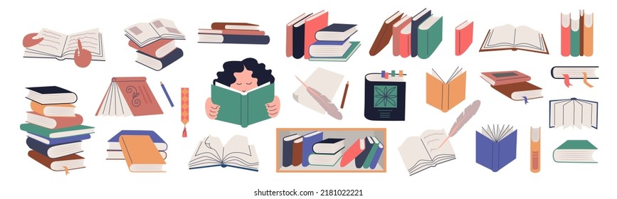 Stack of books for reading or education. Textbooks piles in Library, Bookstore. Book day. Set of knowledge, literature, bookmark, encyclopedia, dictionary, writer diary. Sketch vector illustration