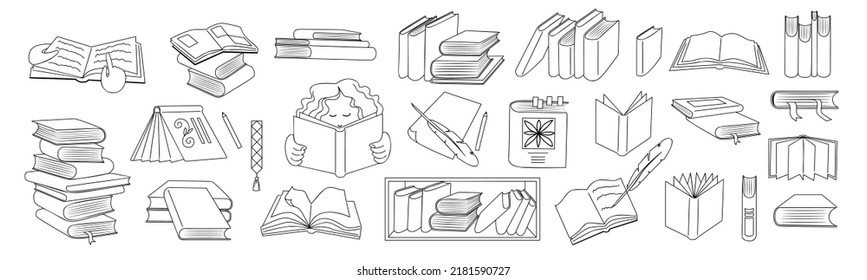 Stack of books for reading, education. Textbooks piles in Library, Bookstore. Book day. Set of knowledge, literature, bookmark, encyclopedia, dictionary, writer diary. Line sketch vector illustration