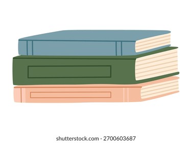 Pilha de livros para leitura e aprendizagem. Pilhas de livros didáticos. Literatura de ficção e educação, romances, enciclopédias para leitura e estudo. Ilustrações de vetor planas.