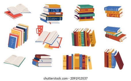 Stack of books for reading, pile of textbooks for education, books row, open book