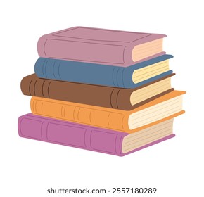 Stack of books for reading, pile of textbooks for education, books standing vertical. Set of literature, dictionaries, encyclopedias. Colored flat vector illustration on white background.