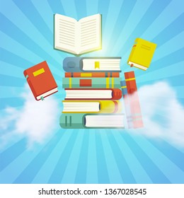 Stack of books with realistic clouds on a sky blue background. Vector illustration, eps 10 file.