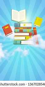 Stack of books with realistic clouds on a sky blue background. Vector illustration, eps 10 file.