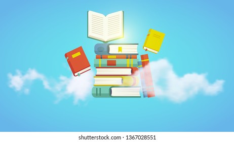 Stack of books with realistic clouds on a sky blue background. Vector illustration, eps 10 file.