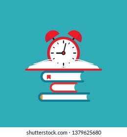 stack of books with red alarm clock.  Isolated on blue background. Flat reading vector illustration. Education, knowledge learning logo. Time to study.
