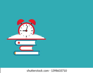 stack of books with red alarm clock on blue background. Flat reading vector illustration. Education, knowledge learning logo. Time to study.
