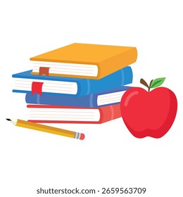 Stack of Books with Red Apple Icon – Education and Learning Concept Vector Design 