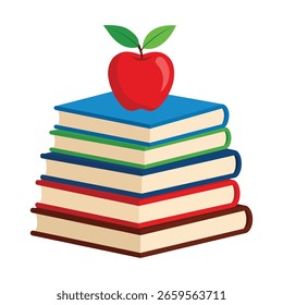 Stack of Books with Red Apple Icon – Education and Learning Concept Vector Design 