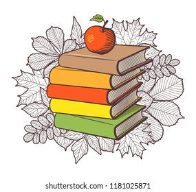 Stack of books and red apple on autumn leaves background. Conceptual vector illustration, isolated on white