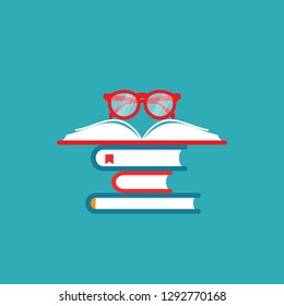 stack of books with red glasses.  Isolated on blue background. Flat reading icon. Vector illustration. Education logo. Knowledge pictogram.