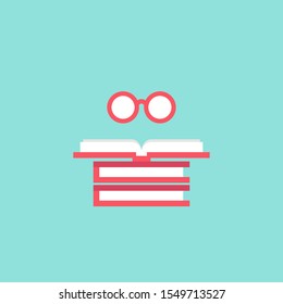 stack of books with red glasses.  Isolated on blue background. Flat reading icon. Vector illustration. Education logo. Knowledge pictogram.