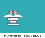 stack of books with red glasses on blue horizontal  background. Flat reading wallpaper. Vector illustration. Education logo. Knowledge pictogram.
